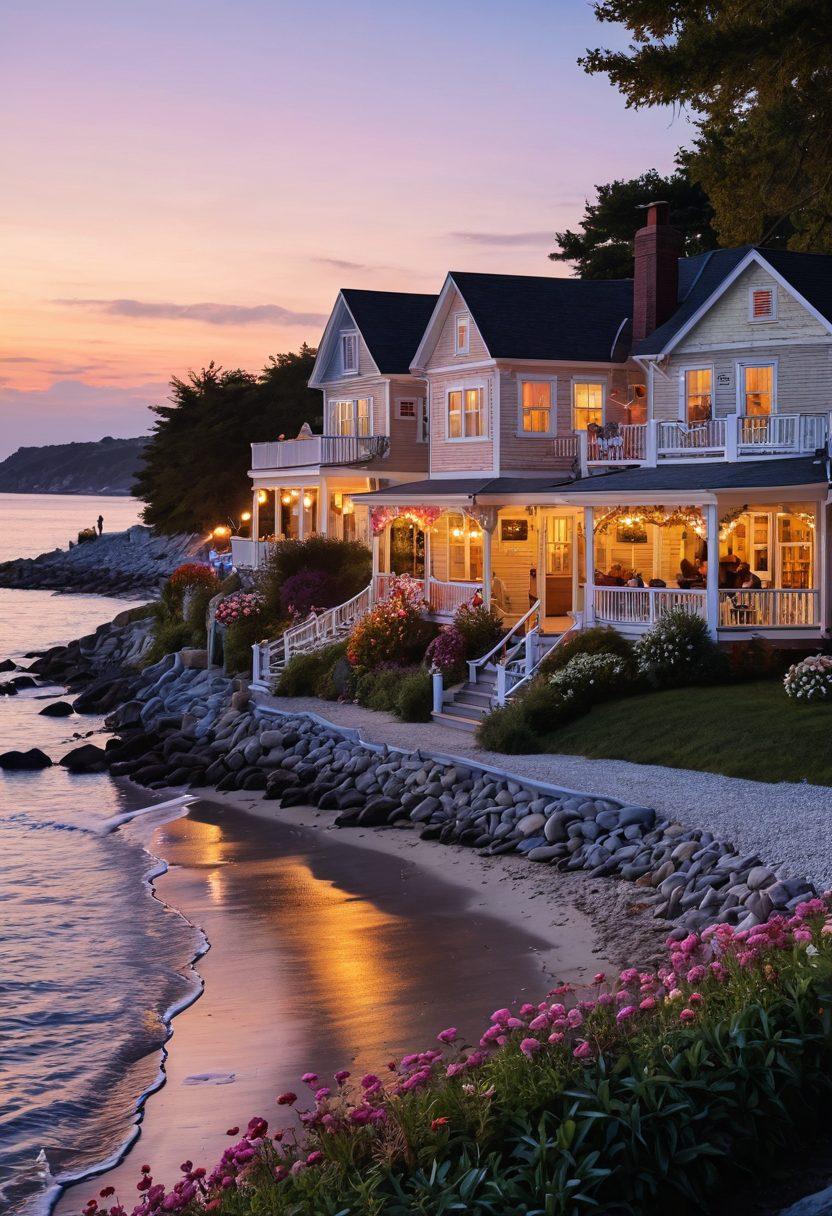 A picturesque view of Oyster Bay at sunset, with couples enjoying romantic walks along the shoreline. Emphasize a cozy beachside café with soft lighting, adorned with heart-shaped decorations and flowers. Include elements of community: locals gathering, engaging in conversation, and a backdrop of charming seaside homes. The overall mood should evoke warmth, love, and a sense of belonging. super-realistic. vibrant colors. soft focus.
