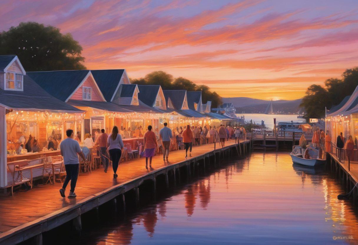 A picturesque scene of Oyster Bay at sunset, featuring couples walking hand in hand along a scenic waterfront, with a vibrant community festival in the background filled with fairy lights, food stalls, and joyful people celebrating togetherness. The sky is painted in warm hues of orange and pink, adding a romantic feel to the atmosphere. super-realistic. vibrant colors. pastel tones.