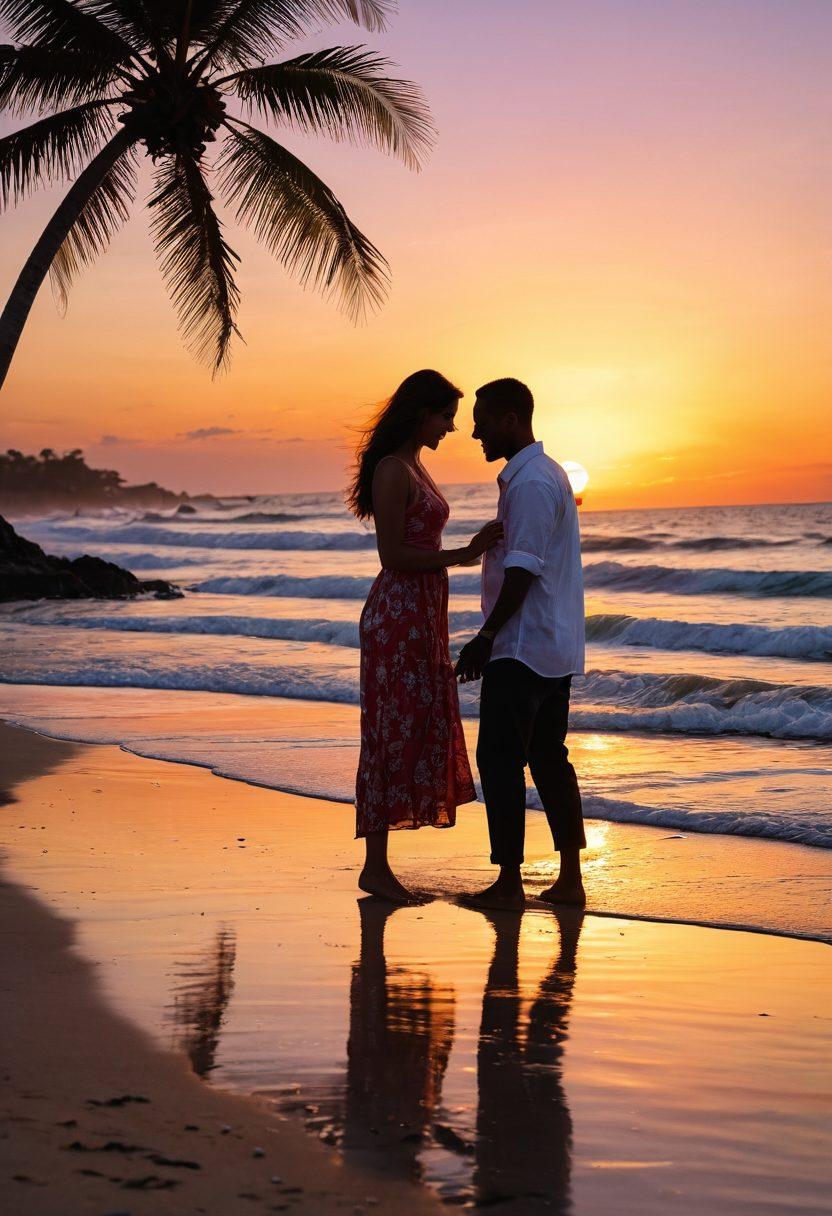 A picturesque scene of a couple sharing a heartfelt moment on a beach at Oyster Bay, with soft waves lapping at their feet, surrounded by seashells and romantic sunset hues. In the background, silhouettes of palm trees and whimsical beach elements hint at stories of love and commitment. The couple is depicted laughing and gazing into each other's eyes, capturing the essence of relationship tales. vibrant colors. super-realistic. serene atmosphere.